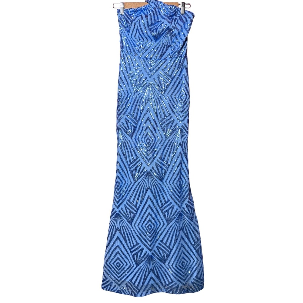 Speechless‎ Women 7 Blue Sequin Geometric Strapless Halter Gown Dress Gatsby